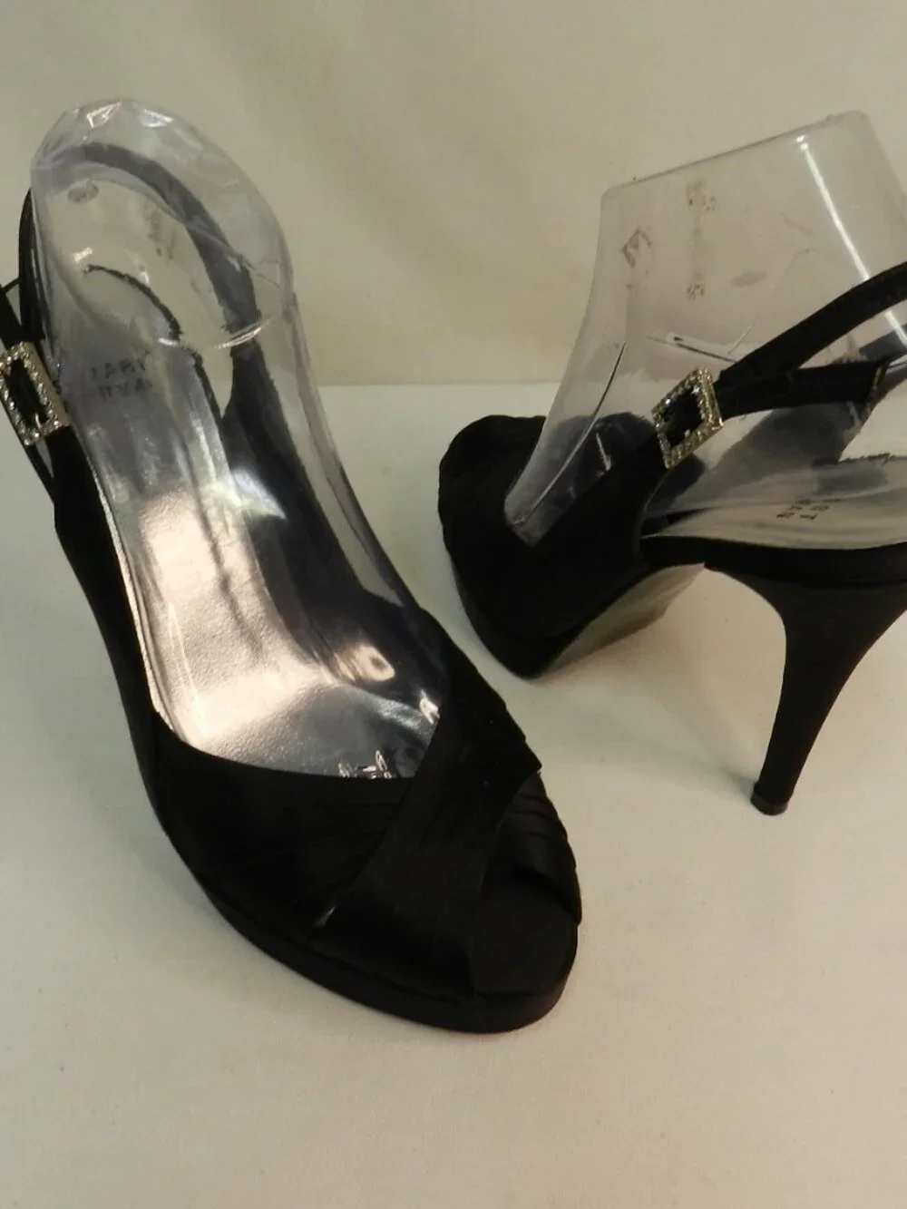 Stuart Weitzman Satin Leather Crystal Buckle black slingback peep toe heels 9.5